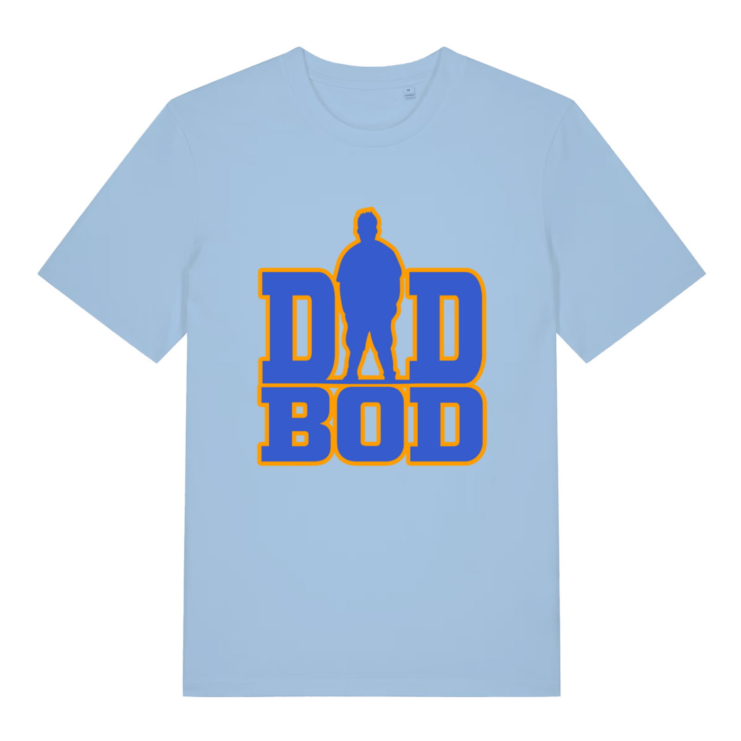 Light blue Dad Bod T-shirt flat lay showing vibrant blue and orange dad bod text