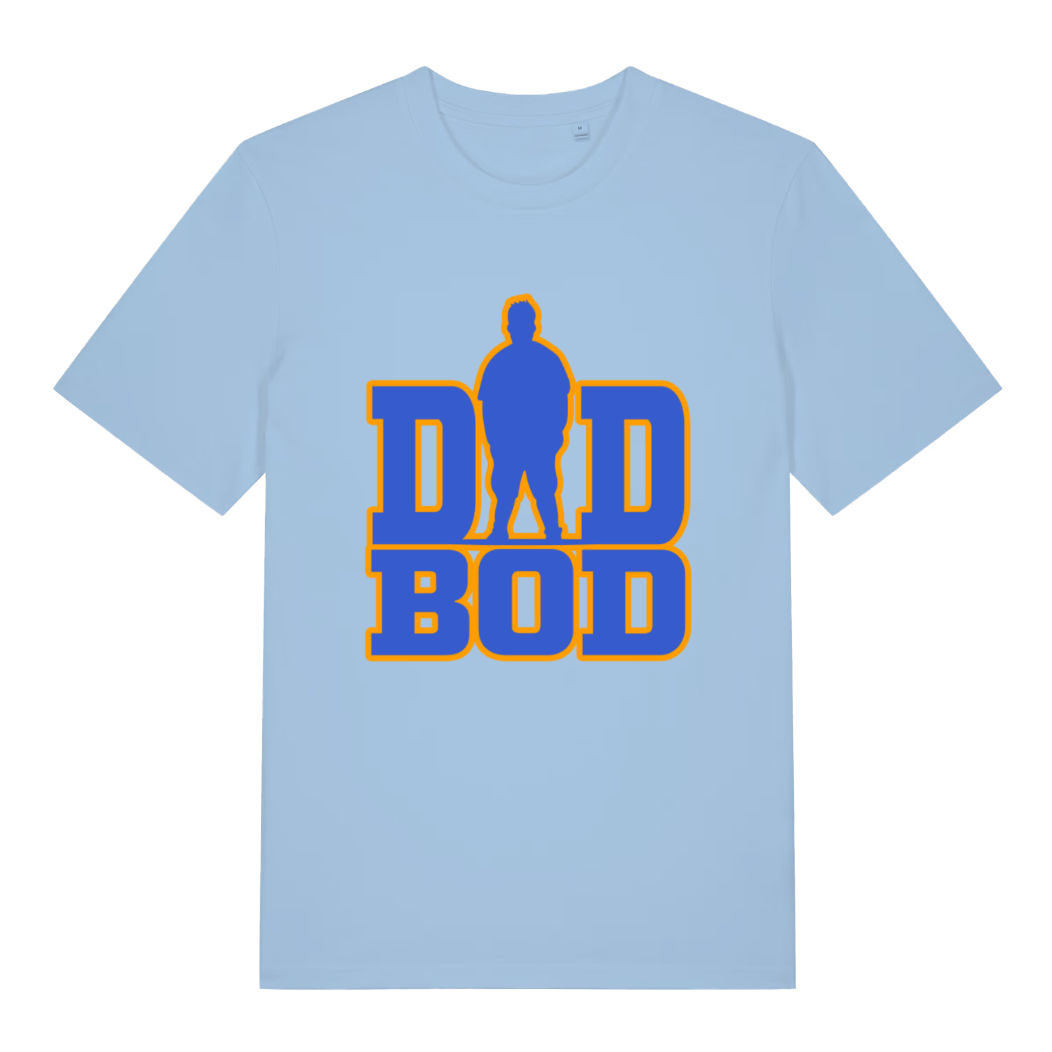 Light blue Dad Bod T-shirt flat lay showing vibrant blue and orange dad bod text