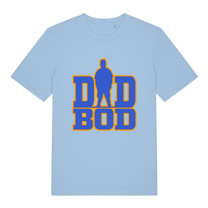 Light blue Dad Bod T-shirt flat lay showing vibrant blue and orange dad bod text