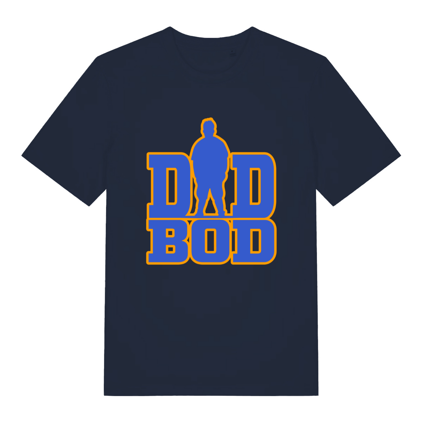 Navy Dad Bod T-shirt flat lay with classic dad bod silhouette illustration