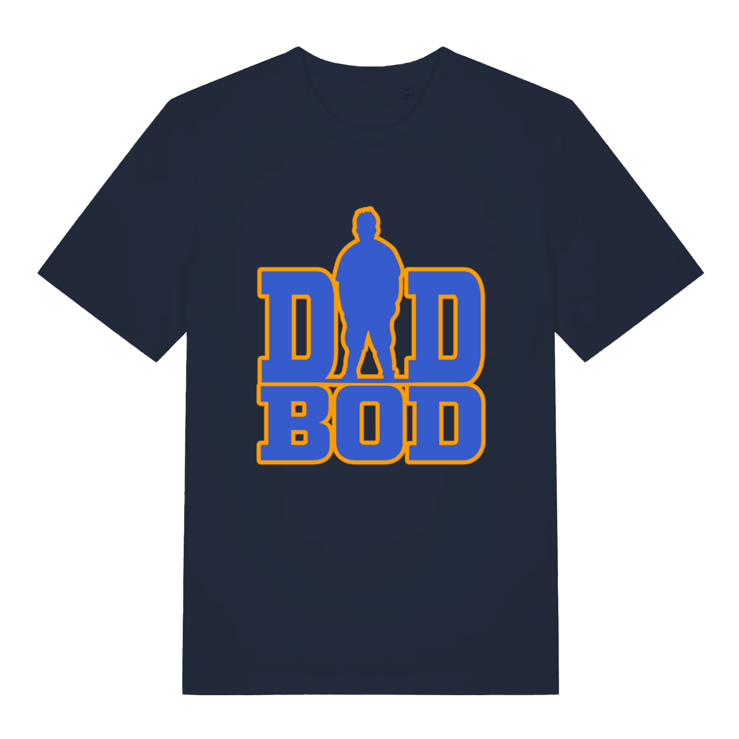 Navy Dad Bod T-shirt flat lay with classic dad bod silhouette illustration