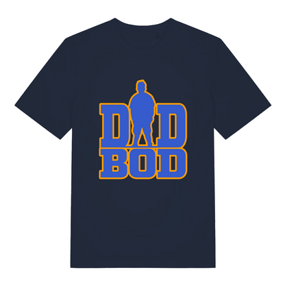 Navy Dad Bod T-shirt flat lay with classic dad bod silhouette illustration