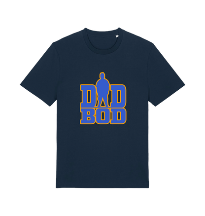 navy dad t-shirt with 'DAD BOD' graphic in blue and yellow 