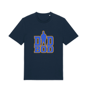 navy dad t-shirt with 'DAD BOD' graphic in blue and yellow 