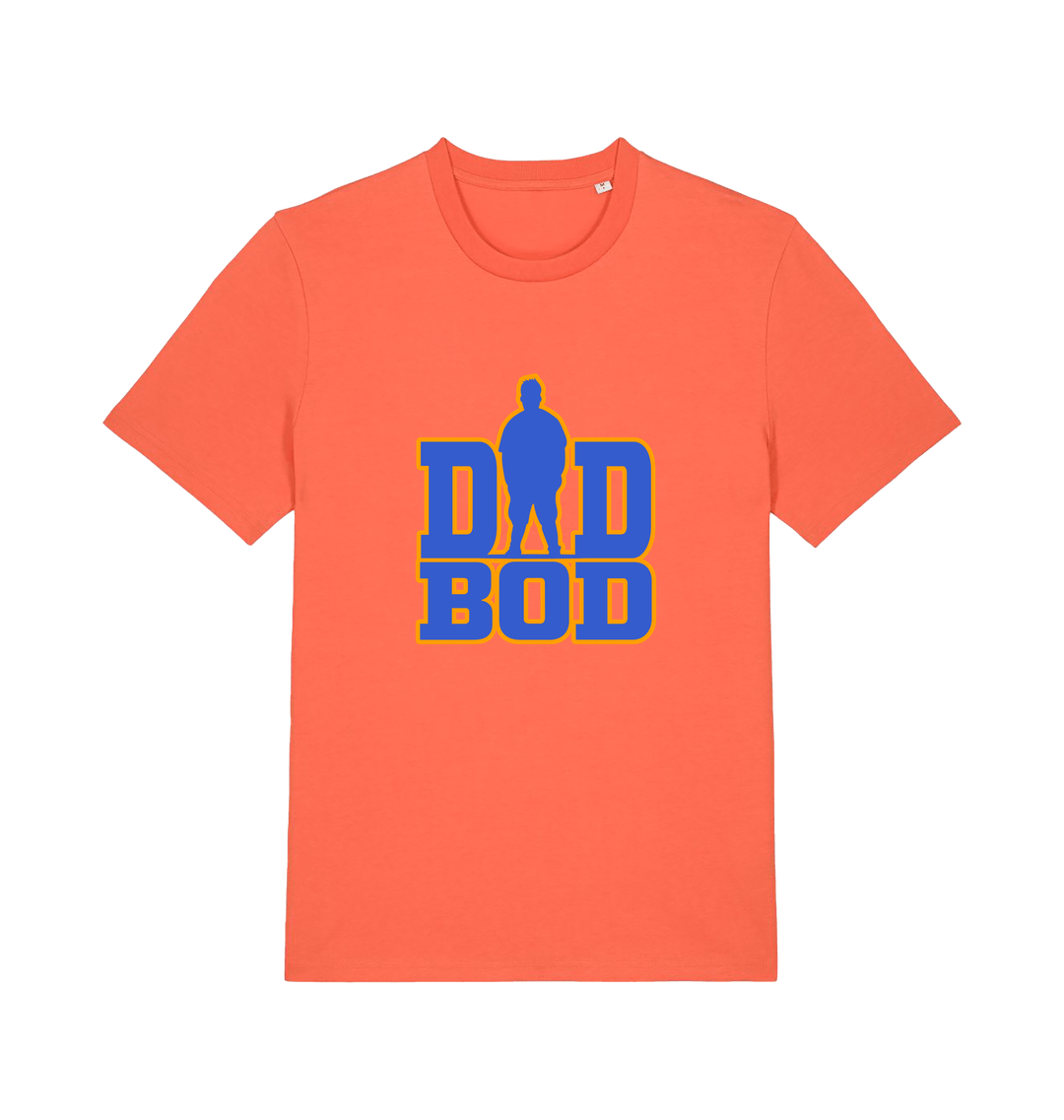 orange dad t-shirt with 'DAD BOD' graphic in blue and yellow 