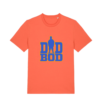orange dad t-shirt with 'DAD BOD' graphic in blue and yellow 