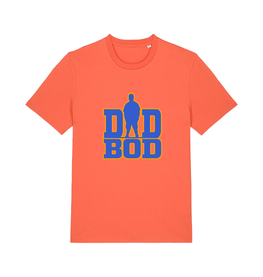 orange dad t-shirt with 'DAD BOD' graphic in blue and yellow 