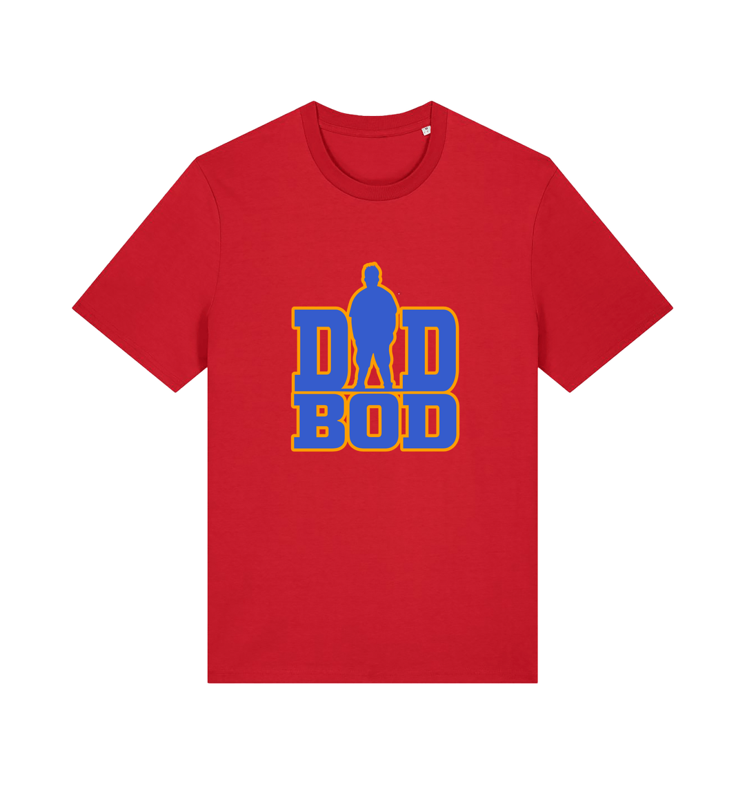 red dad t-shirt with 'DAD BOD' graphic in blue and yellow 
