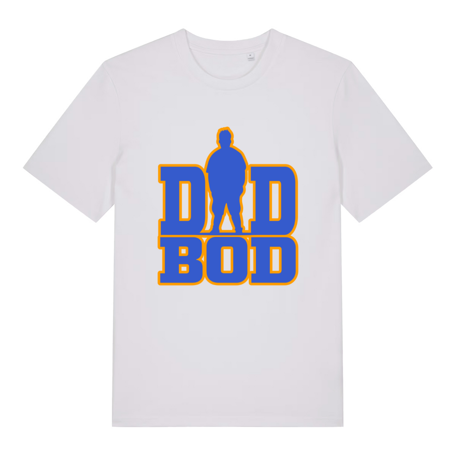 White Dad Bod T-shirt flat lay with clean blue dad silhouette graphic