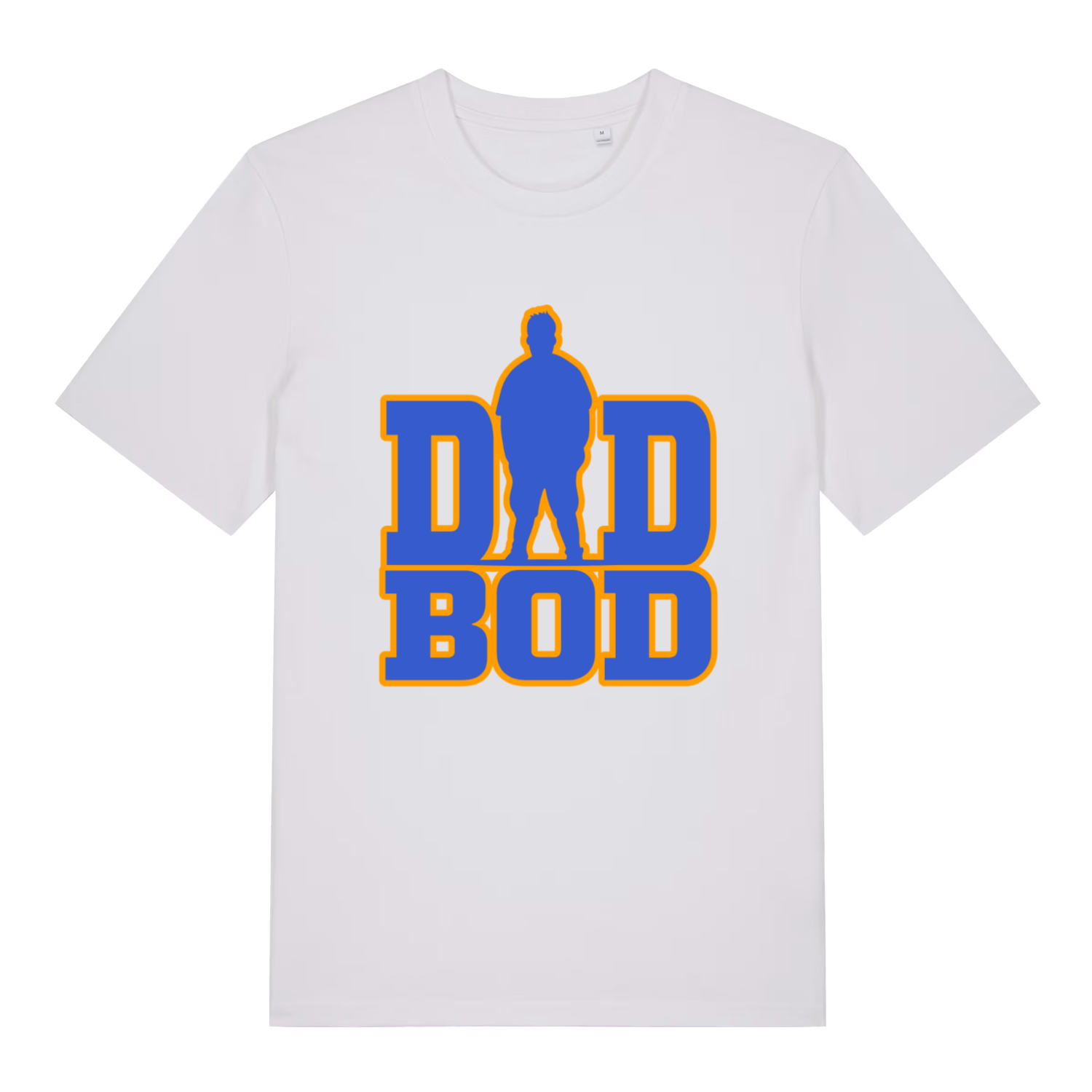 White Dad Bod T-shirt flat lay with clean blue dad silhouette graphic
