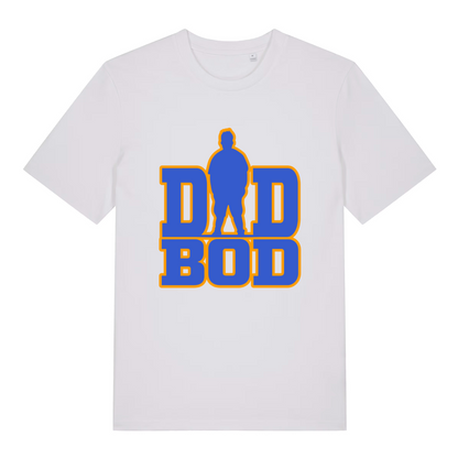 White Dad Bod T-shirt flat lay with clean blue dad silhouette graphic