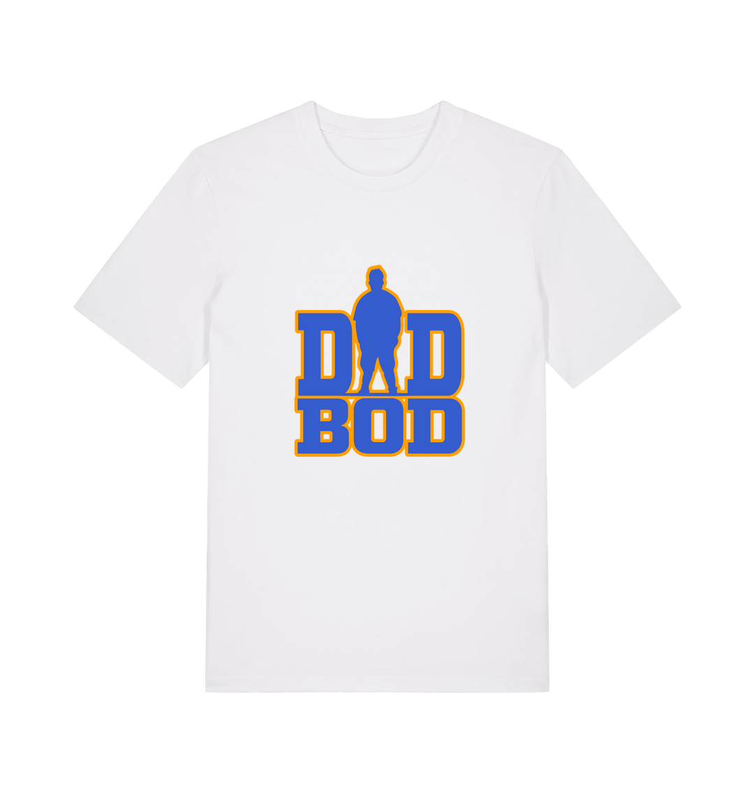 white dad t-shirt with 'DAD BOD' graphic in blue and yellow 