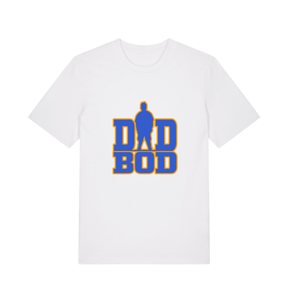 white dad t-shirt with 'DAD BOD' graphic in blue and yellow 
