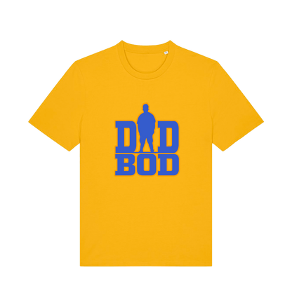 yellow dad t-shirt with 'DAD BOD' graphic in blue and yellow 