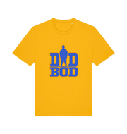 yellow dad t-shirt with 'DAD BOD' graphic in blue and yellow 