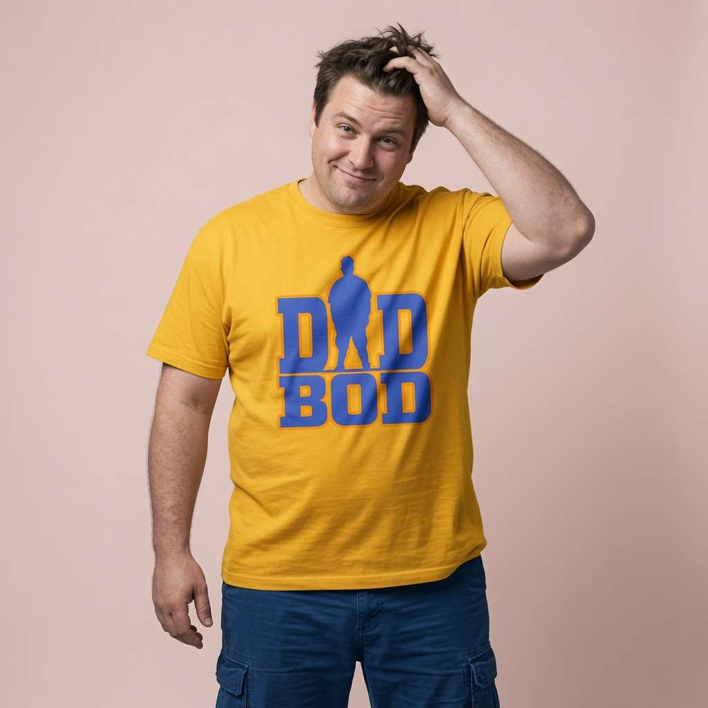 Man in yellow Dad Bod tee, mens funny witty dad graphic gift