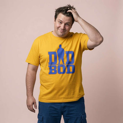 Man in yellow Dad Bod tee, mens funny witty dad graphic gift