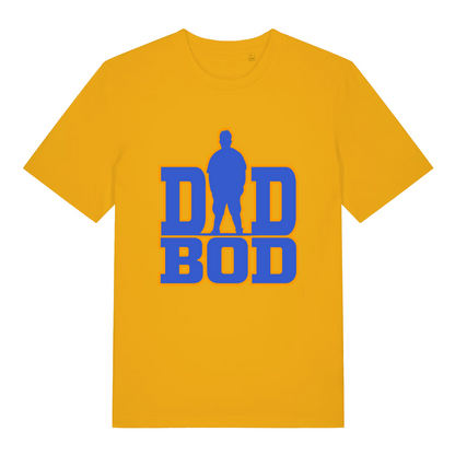 Yellow Dad Bod T-shirt flat lay featuring bright dad bod pride design