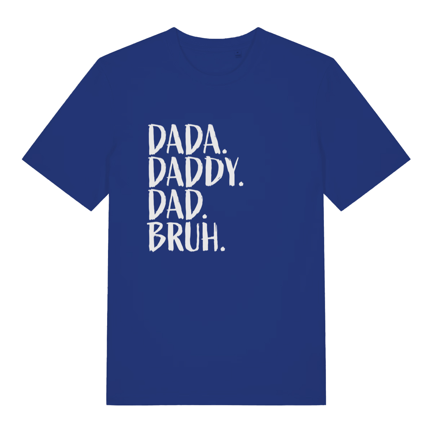 Blue Dad Bruh T-shirt flat lay featuring funny dad titles brush text