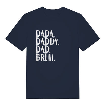Navy Dad Bruh T-shirt flat lay displaying humorous dad titles graphic