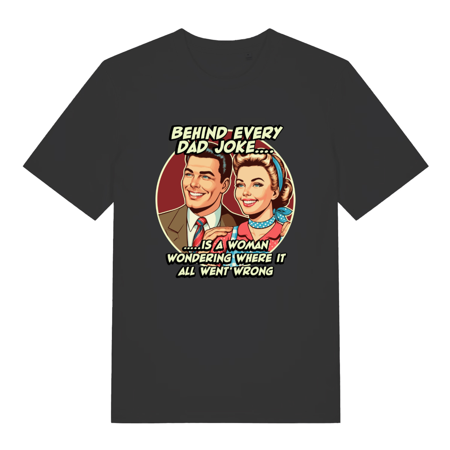 Black Dad Joke T-shirt flat lay with retro couple "Behind Every Dad Joke" graphic