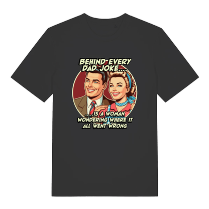 Black Dad Joke T-shirt flat lay with retro couple "Behind Every Dad Joke" graphic