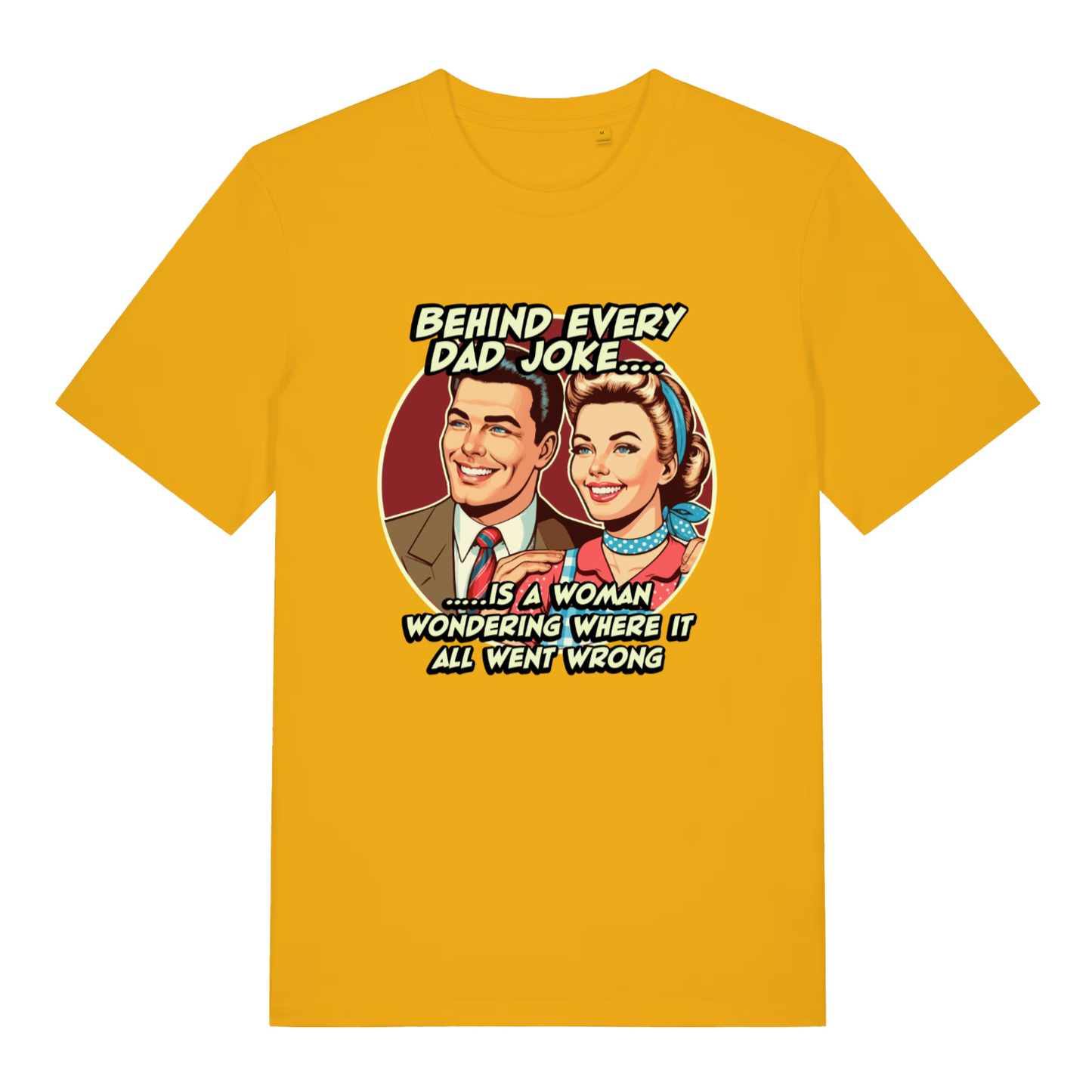 Yellow Dad Joke T-shirt flat lay with vibrant retro couple "Behind Every Dad Joke" graphic