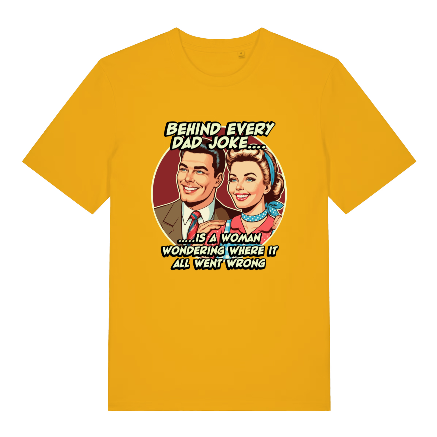 Yellow Dad Joke T-shirt flat lay with vibrant retro couple "Behind Every Dad Joke" graphic