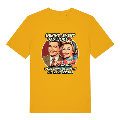 Yellow Dad Joke T-shirt flat lay with vibrant retro couple "Behind Every Dad Joke" graphic