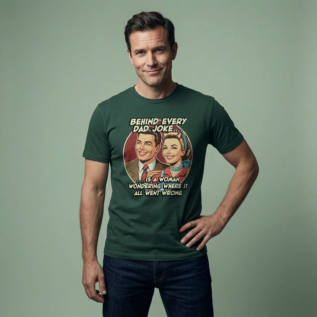 Man in glazed green Behind Every Dad Joke tee, fun witty humorous mens graphic gift