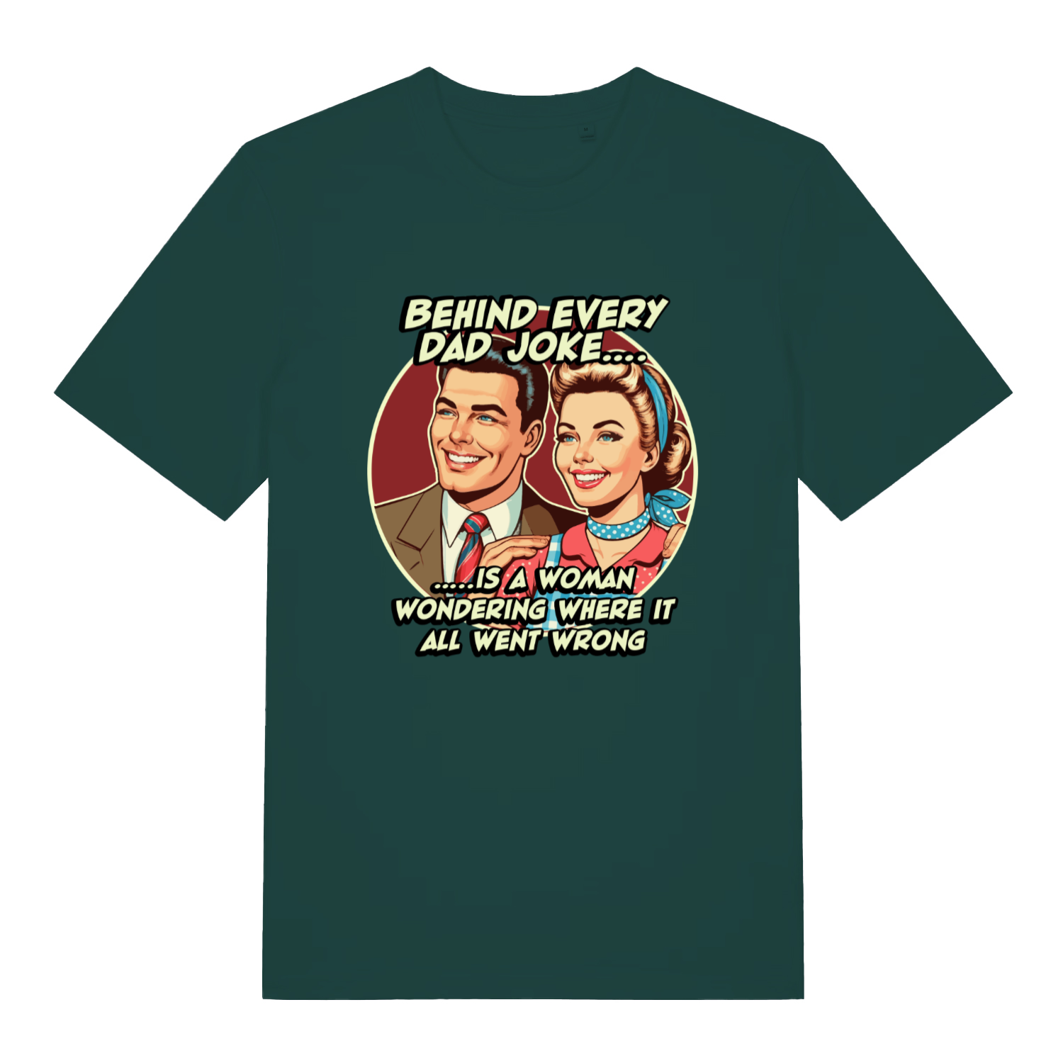 Glazed green Dad Joke T-shirt flat lay showing vintage-style dad joke illustration