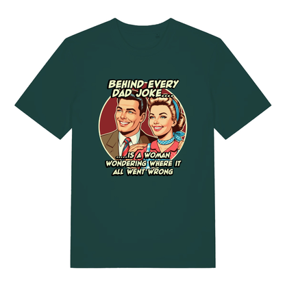 Glazed green Dad Joke T-shirt flat lay showing vintage-style dad joke illustration
