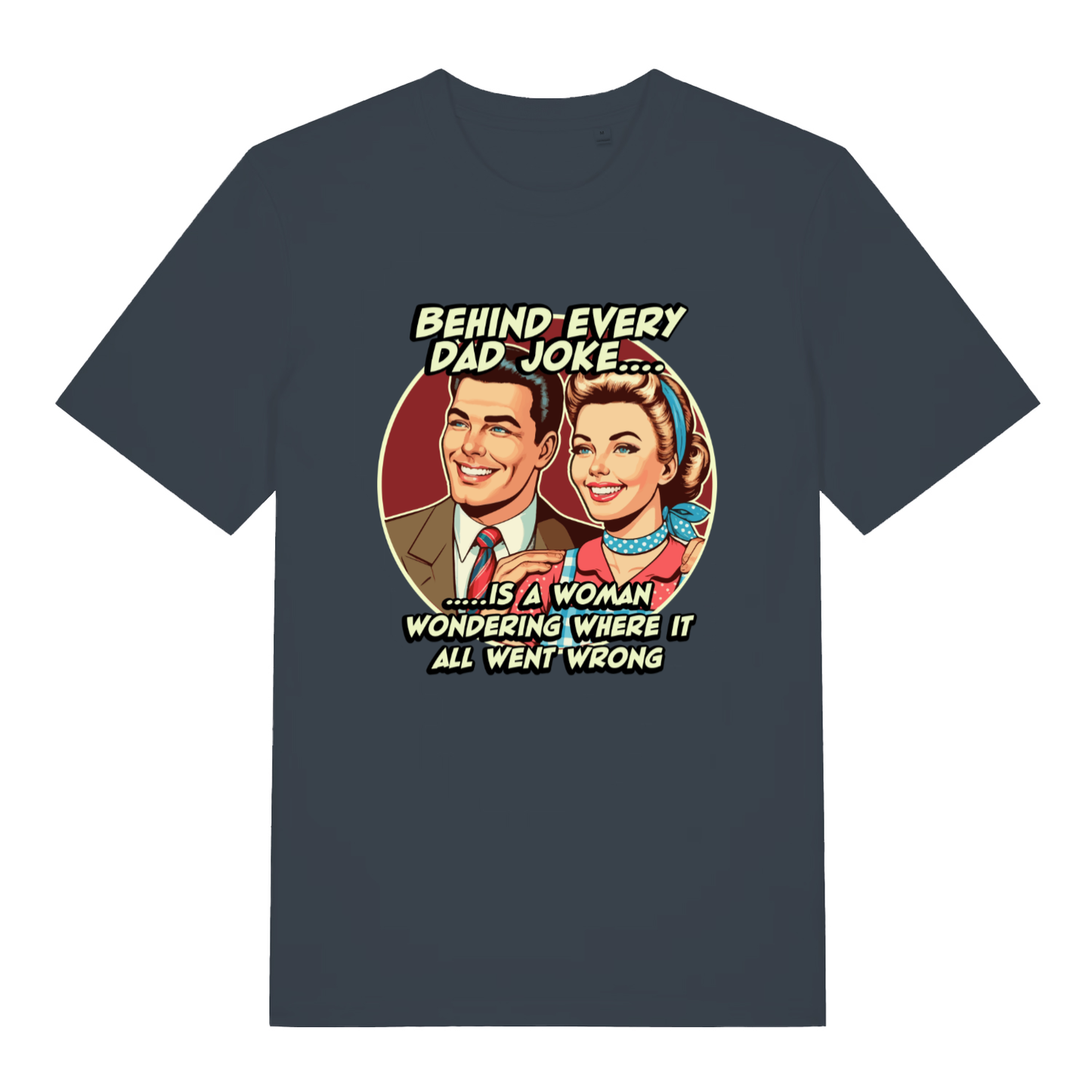 Ink grey Dad Joke T-shirt flat lay with bold retro couple dad joke design