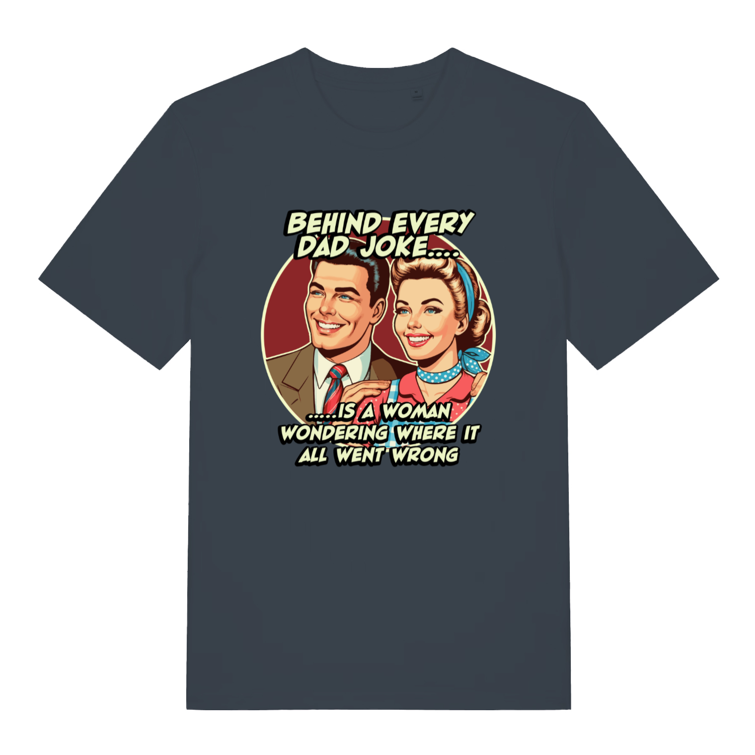 Ink grey Dad Joke T-shirt flat lay with bold retro couple dad joke design