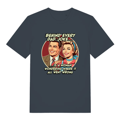 Ink grey Dad Joke T-shirt flat lay with bold retro couple dad joke design