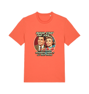orange funny t-shirt with a graphic of a man and woman and humorous text 