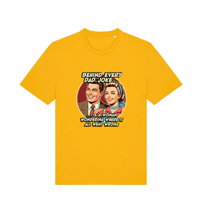 yellow funny t-shirt with a graphic of a  retro man and woman and the slogan 'behind every dad joke is a woman wondering where it all went wrong'