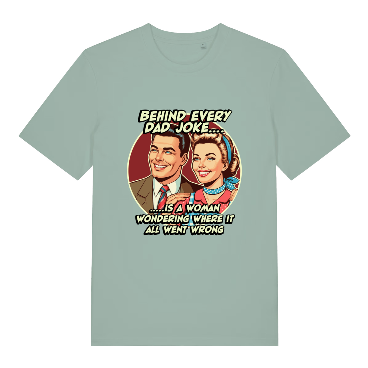 Aloe women's Dad Joke T-shirt flat lay with retro couple "Behind Every Dad Joke" graphic