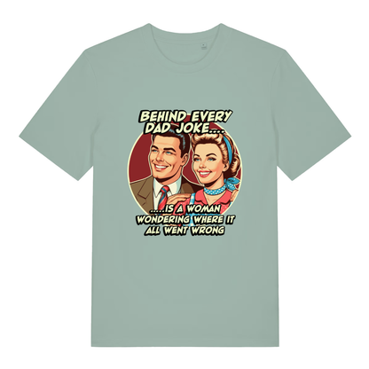 Aloe women's Dad Joke T-shirt flat lay with retro couple "Behind Every Dad Joke" graphic