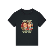 black funny graphic t-shirt with a retro man and woman and the slogan 'behind every dad joke is a woman wondering where it all went wrong'