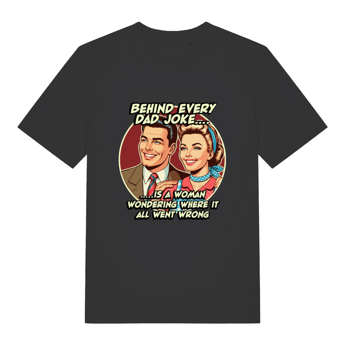 Black women's Dad Joke T-shirt flat lay featuring funny dad joke woman wondering slogan