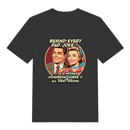 Black women's Dad Joke T-shirt flat lay featuring funny dad joke woman wondering slogan