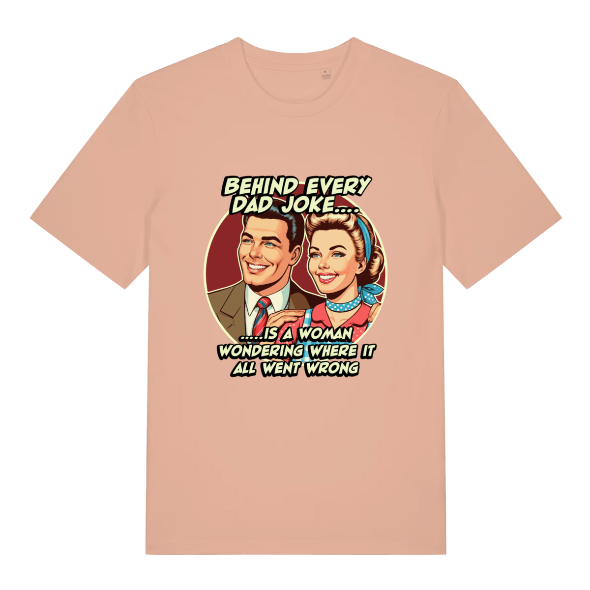 Fraîche Pêche women's Dad Joke T-shirt flat lay showing vintage-style dad joke illustration