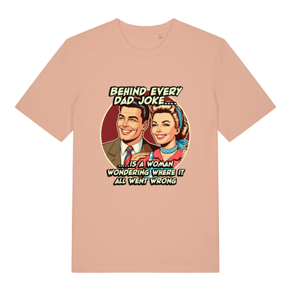 Fraîche Pêche women's Dad Joke T-shirt flat lay showing vintage-style dad joke illustration