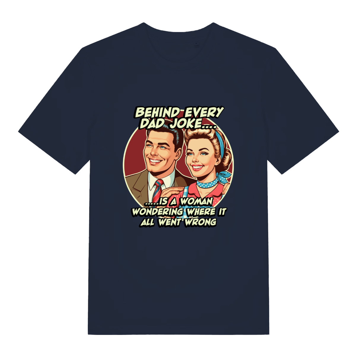French Navy women's Dad Joke T-shirt flat lay with bold retro couple dad joke design