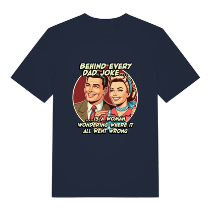 French Navy women's Dad Joke T-shirt flat lay with bold retro couple dad joke design