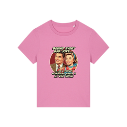pink funny graphic t-shirt with a retro man and woman and the slogan 'behind every dad joke is a woman wondering where it all went wrong'