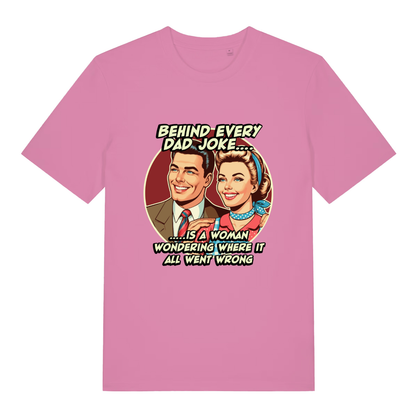 Pink women's Dad Joke T-shirt flat lay with vibrant retro couple slogan