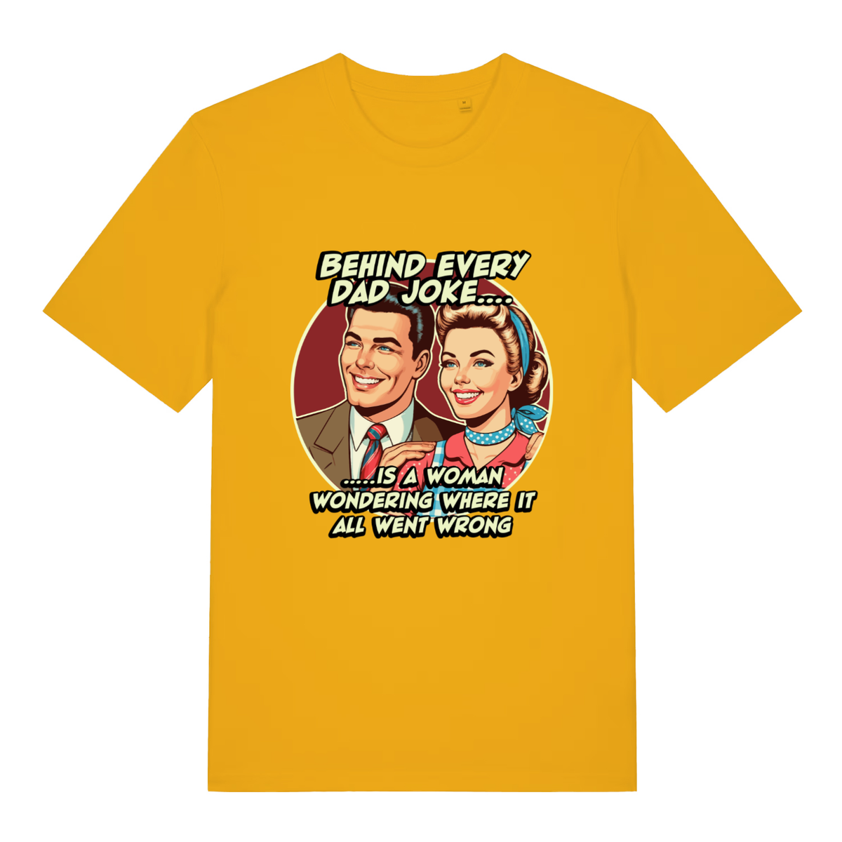 Spectra Yellow women's Dad Joke T-shirt flat lay featuring bright dad joke illustration
