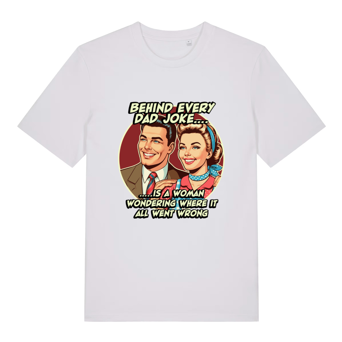 White women's Dad Joke T-shirt flat lay with clean retro dad joke couple design